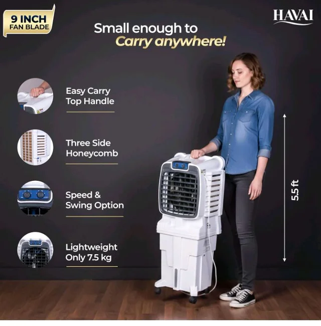 Havai Arizona 9 Personal Air Cooler | India’s First 9-Inch Blade Cooler | 2600 RPM | 2200 m³/hr Delivery | 5 Ft Air Throw | 3-Side Honeycomb | 25L Tank | Motorised Louvers | 120W | Ideal for 50 Sq Ft