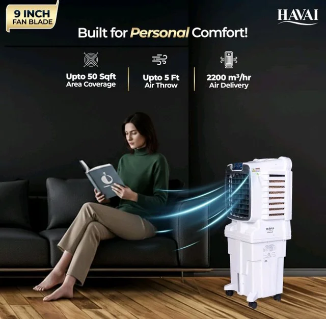 Havai Arizona 9 Personal Air Cooler | India’s First 9-Inch Blade Cooler | 2600 RPM | 2200 m³/hr Delivery | 5 Ft Air Throw | 3-Side Honeycomb | 25L Tank | Motorised Louvers | 120W | Ideal for 50 Sq Ft