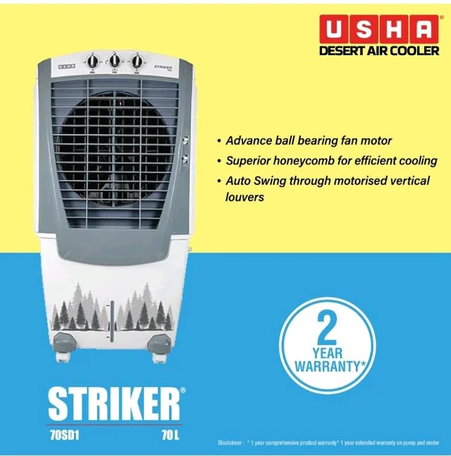 USHA Striker 70SD1 Desert Air Cooler for Home with Powerful Airflow, 3-Side Honeycomb Pads, 11m Air Throw & Inverter Compatibility (70L, White)