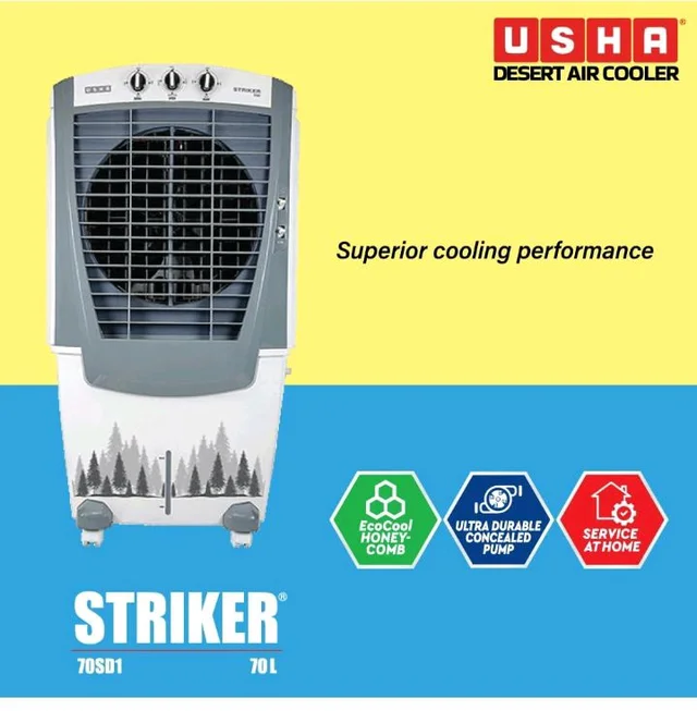 USHA Striker 70SD1 Desert Air Cooler for Home with Powerful Airflow, 3-Side Honeycomb Pads, 11m Air Throw & Inverter Compatibility (70L, White)