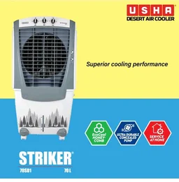 USHA Striker 70SD1 Desert Air Cooler for Home with Powerful Airflow, 3-Side Honeycomb Pads, 11m Air Throw & Inverter Compatibility (70L, White)