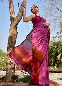 Women Cotton Saree With Blouse Piece. Multicolor 5.5 Meter With Running Blouse