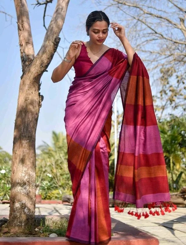 Women Cotton Saree With Blouse Piece. Multicolor 5.5 Meter With Running Blouse