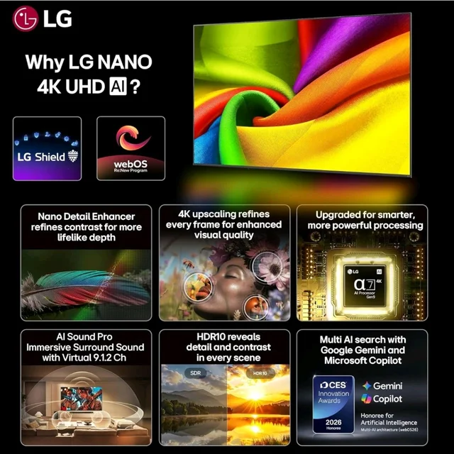 the LG Store
3.9
3.9 out of 5 stars
(5,253)
LG 164 cms (65 inches) NU87 AI Series Nano 4K Ultra HD (3840 x 2160) Smart webOS LED TV 65NU870BPLA 2026