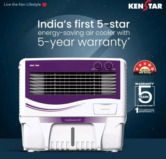 Kenstar COOLWAVE 60 L Air Cooler with Woodwool Cooling Media |5-star BEE Rating | 200 W|Purple & White