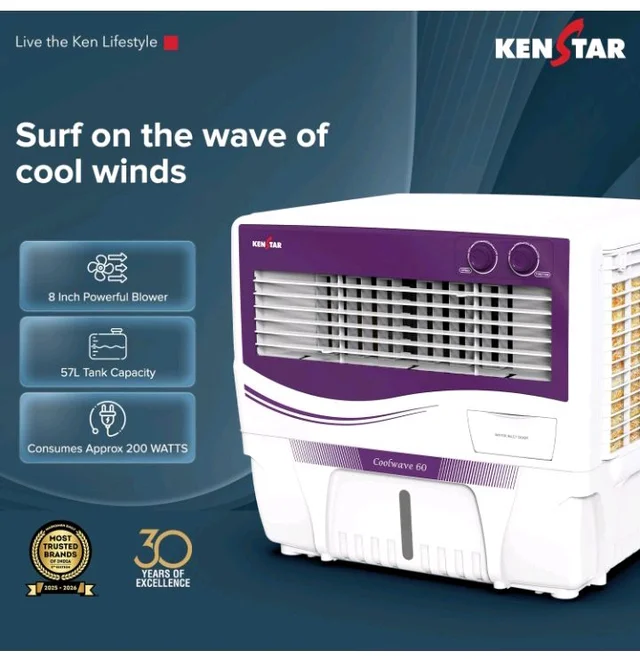 Kenstar COOLWAVE 60 L Air Cooler with Woodwool Cooling Media |5-star BEE Rating | 200 W|Purple & White
