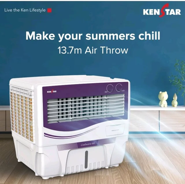 Kenstar COOLWAVE 60 L Air Cooler with Woodwool Cooling Media |5-star BEE Rating | 200 W|Purple & White
