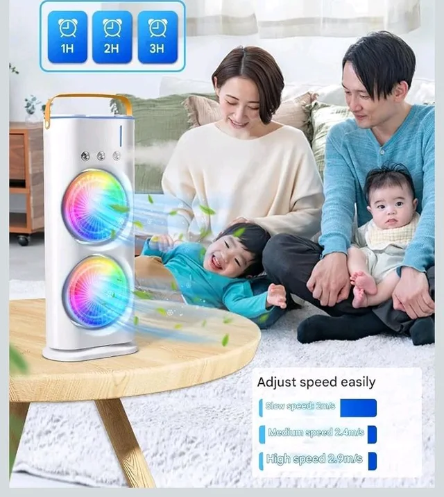 Portable Double Ended Spray Fan with Misting | USB Rechargeable Mini Air Cooler with LED Light | Touch & Remote Control | 3 Speed Cooling Fan with 280ml Water Tank (Multicolor) (Style 17)
