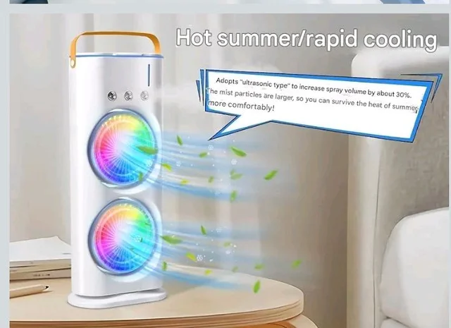 Portable Double Ended Spray Fan with Misting | USB Rechargeable Mini Air Cooler with LED Light | Touch & Remote Control | 3 Speed Cooling Fan with 280ml Water Tank (Multicolor) (Style 17)