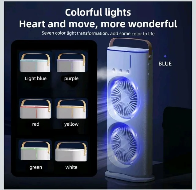 Portable Double Ended Spray Fan with Misting | USB Rechargeable Mini Air Cooler with LED Light | Touch & Remote Control | 3 Speed Cooling Fan with 280ml Water Tank (Multicolor) (Style 17)