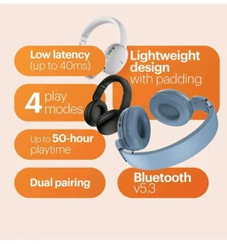 Noise Two Wireless On Ear Headphones with 50 Hours Playtime, Low Latency(up to 45ms), 4 Play Modes, Dual Pairing, BT v5.3 (Bold Black)