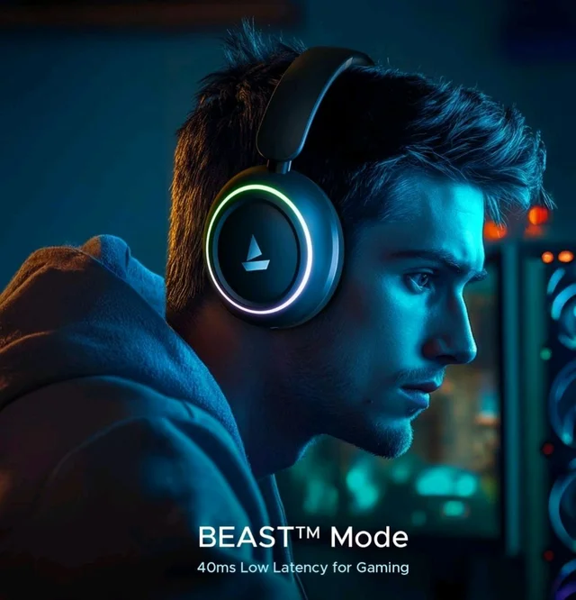 boAt Rockerz 480, RGB LEDs,6 Light Modes, 40mm Drivers,Beast Mode, 60H Battery, ENx Tech, App Support, Bluetooth Headphones, Wireless Over Ear Headphone with Mic (Black Sabre)