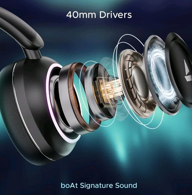 boAt Rockerz 480, RGB LEDs,6 Light Modes, 40mm Drivers,Beast Mode, 60H Battery, ENx Tech, App Support, Bluetooth Headphones, Wireless Over Ear Headphone with Mic (Black Sabre)