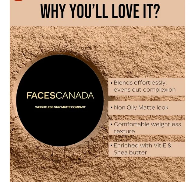 FACESCANADA Weightless Stay Matte Finish Compact Powder - Beige,9 G|Non Oily Matte Look|Evens Out Complexion|Hides Imperfections|Blends Effortlessly|Pressed Powder For All Skin Types, 62 Grams