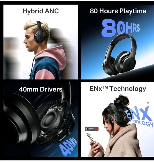 boAt Rockerz 512 ANC,(~40dB) Hybrid ANC, 80H Battery, 40mm Drivers, 40ms Low Latency, ENx Tech, App Support, Bluetooth Headphones, Wireless Headphone with Mic (Cosmic Black)