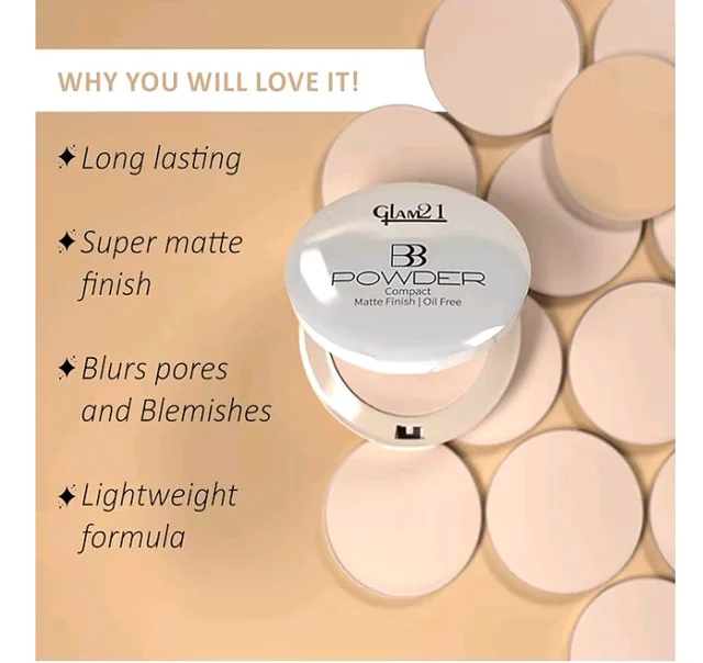 Glam21 BB Powder 2-in-1 Compact Powder Matte Finish & Oil Free | Matte & Shimmer Shades | Instant Weightless Finish Look | Long-lasting | Poreless Soft Skin | 20gm, Natural-02