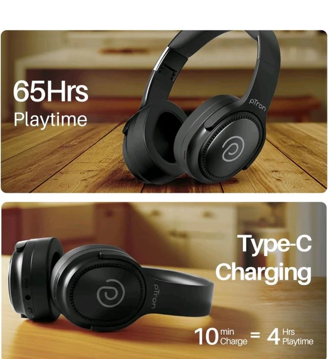 pTron Studio Pro w/ 65Hrs Playtime, Wireless Over Ear Headphones with HD Mic, Dual Device Pairing, TruTalk AI-ENC Calls, Low-Latency Game & Music, 40mm Drivers, BT5.4, Type-C Fast Charging (Noir)