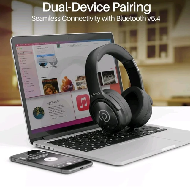 pTron Studio Pro w/ 65Hrs Playtime, Wireless Over Ear Headphones with HD Mic, Dual Device Pairing, TruTalk AI-ENC Calls, Low-Latency Game & Music, 40mm Drivers, BT5.4, Type-C Fast Charging (Noir)