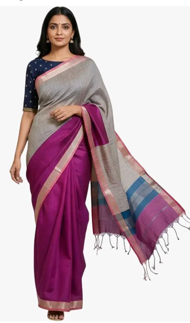 Handloom Semi Maheshwari Saree | Cotton Silk Blend Self Lines Design | Elegant Traditional Saree with Blouse Piece | Lightweight, Ethnic Wear | Festive, Party Saree for Women (Silver Ash & Magenta)