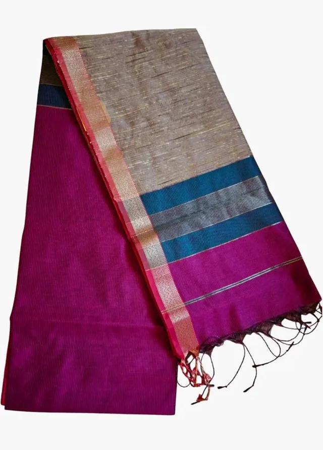Handloom Semi Maheshwari Saree | Cotton Silk Blend Self Lines Design | Elegant Traditional Saree with Blouse Piece | Lightweight, Ethnic Wear | Festive, Party Saree for Women (Silver Ash & Magenta)
