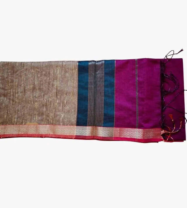 Handloom Semi Maheshwari Saree | Cotton Silk Blend Self Lines Design | Elegant Traditional Saree with Blouse Piece | Lightweight, Ethnic Wear | Festive, Party Saree for Women (Silver Ash & Magenta)