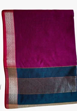 Handloom Semi Maheshwari Saree | Cotton Silk Blend Self Lines Design | Elegant Traditional Saree with Blouse Piece | Lightweight, Ethnic Wear | Festive, Party Saree for Women (Silver Ash & Magenta)