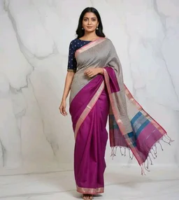 Handloom Semi Maheshwari Saree | Cotton Silk Blend Self Lines Design | Elegant Traditional Saree with Blouse Piece | Lightweight, Ethnic Wear | Festive, Party Saree for Women (Silver Ash & Magenta)