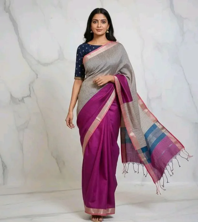 Handloom Semi Maheshwari Saree | Cotton Silk Blend Self Lines Design | Elegant Traditional Saree with Blouse Piece | Lightweight, Ethnic Wear | Festive, Party Saree for Women (Silver Ash & Magenta)
