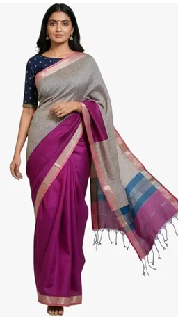 Handloom Semi Maheshwari Saree | Cotton Silk Blend Self Lines Design | Elegant Traditional Saree with Blouse Piece | Lightweight, Ethnic Wear | Festive, Party Saree for Women (Silver Ash & Magenta)