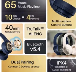 pTron Studio Pro w/ 65Hrs Playtime, Wireless Over Ear Headphones with HD Mic, Dual Device Pairing, TruTalk AI-ENC Calls, Low-Latency Game & Music, 40mm Drivers, BT5.4, Type-C Fast Charging (Navy Blue)