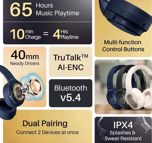 pTron Studio Pro w/ 65Hrs Playtime, Wireless Over Ear Headphones with HD Mic, Dual Device Pairing, TruTalk AI-ENC Calls, Low-Latency Game & Music, 40mm Drivers, BT5.4, Type-C Fast Charging (Navy Blue)