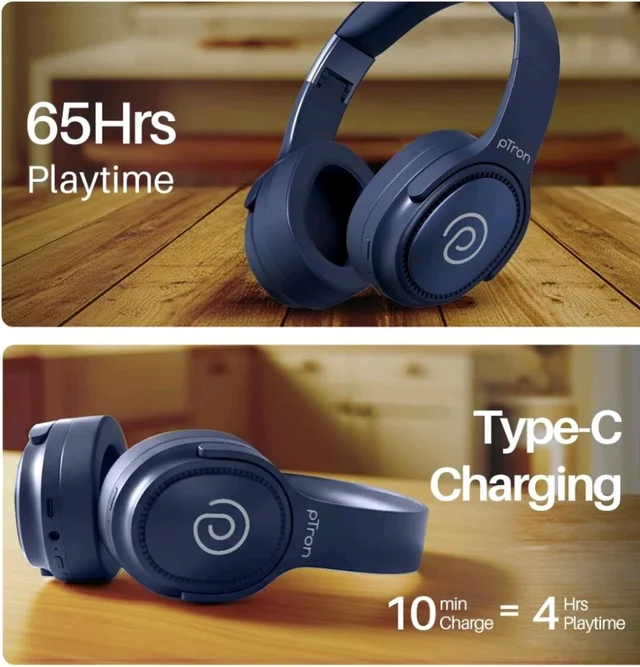 pTron Studio Pro w/ 65Hrs Playtime, Wireless Over Ear Headphones with HD Mic, Dual Device Pairing, TruTalk AI-ENC Calls, Low-Latency Game & Music, 40mm Drivers, BT5.4, Type-C Fast Charging (Navy Blue)