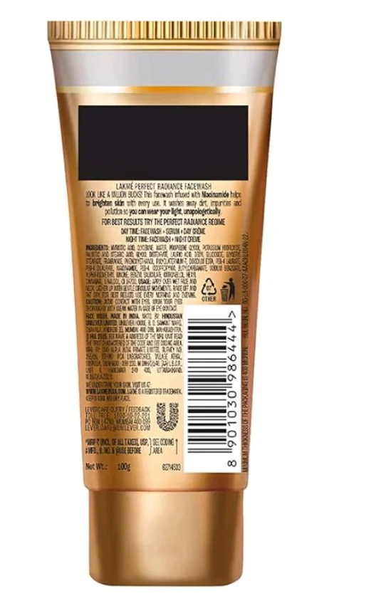 Lakme Perfect Radiance Brightening Facewash with 98% Pure Niacinamide Complex | For Glowing Skin with Glycerin | Known to Reduce Pigmentation | 100gm