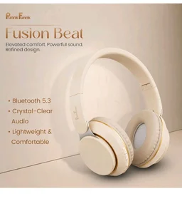 PunnkFunnk FusionBeat Wireless Bluetooth Headphones with BT 5.3, Noise Cancelling, Hi-Res Audio, 40mm Drivers, Deep Bass, Memory Foam Ear Cushions, Over-Ear Headset, Teens & Adults (Beige)