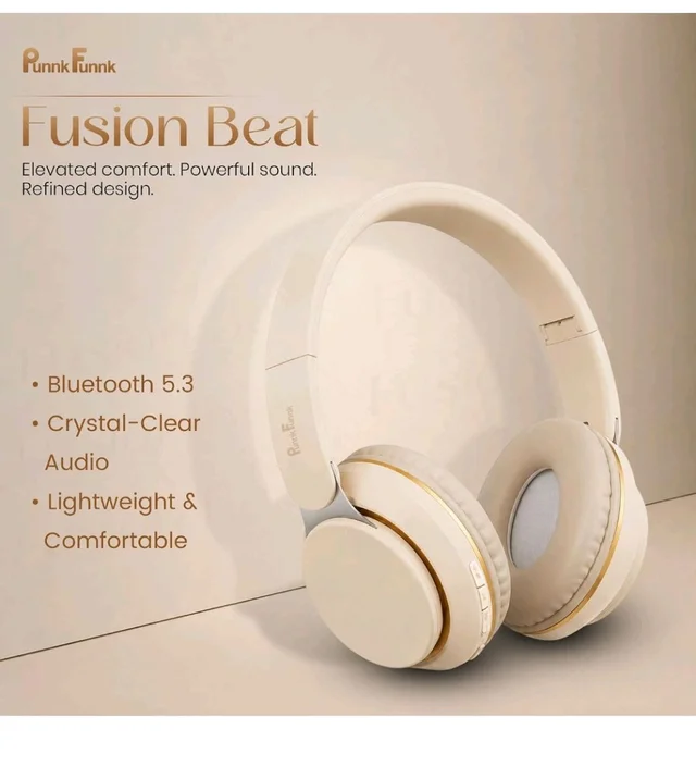PunnkFunnk FusionBeat Wireless Bluetooth Headphones with BT 5.3, Noise Cancelling, Hi-Res Audio, 40mm Drivers, Deep Bass, Memory Foam Ear Cushions, Over-Ear Headset, Teens & Adults (Beige)