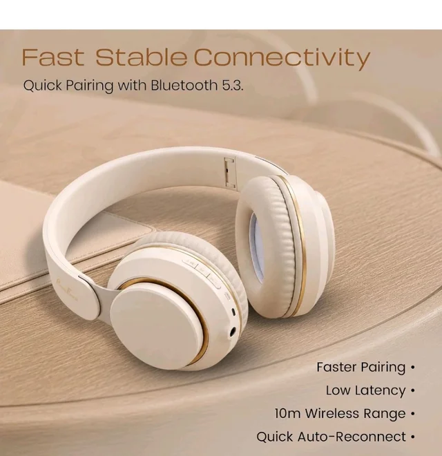 PunnkFunnk FusionBeat Wireless Bluetooth Headphones with BT 5.3, Noise Cancelling, Hi-Res Audio, 40mm Drivers, Deep Bass, Memory Foam Ear Cushions, Over-Ear Headset, Teens & Adults (Beige)
