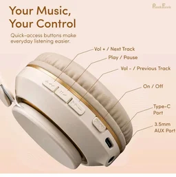 PunnkFunnk FusionBeat Wireless Bluetooth Headphones with BT 5.3, Noise Cancelling, Hi-Res Audio, 40mm Drivers, Deep Bass, Memory Foam Ear Cushions, Over-Ear Headset, Teens & Adults (Beige)