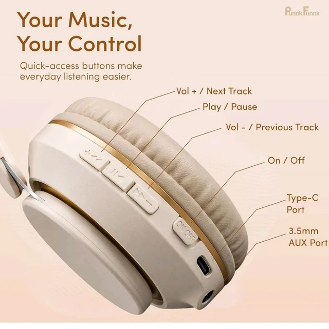 PunnkFunnk FusionBeat Wireless Bluetooth Headphones with BT 5.3, Noise Cancelling, Hi-Res Audio, 40mm Drivers, Deep Bass, Memory Foam Ear Cushions, Over-Ear Headset, Teens & Adults (Beige)
