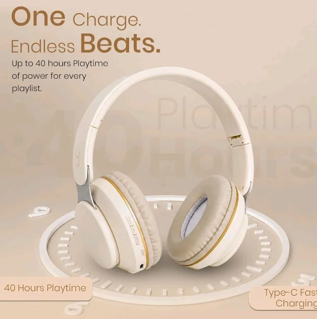 PunnkFunnk FusionBeat Wireless Bluetooth Headphones with BT 5.3, Noise Cancelling, Hi-Res Audio, 40mm Drivers, Deep Bass, Memory Foam Ear Cushions, Over-Ear Headset, Teens & Adults (Beige)