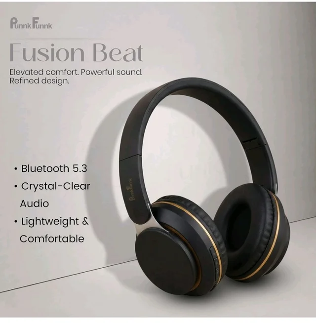 PunnkFunnk FusionBeat Wireless Bluetooth Headphones with BT 5.3, Noise Cancelling, Hi-Res Audio, 40mm Drivers, Deep Bass, Memory Foam Ear Cushions, Over-Ear Headset, Teens & Adults (Black) ni