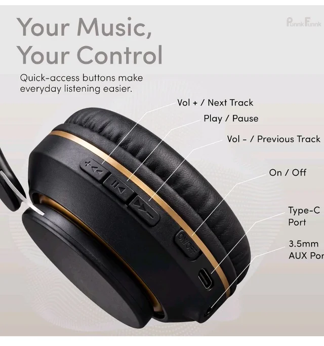 PunnkFunnk FusionBeat Wireless Bluetooth Headphones with BT 5.3, Noise Cancelling, Hi-Res Audio, 40mm Drivers, Deep Bass, Memory Foam Ear Cushions, Over-Ear Headset, Teens & Adults (Black) ni