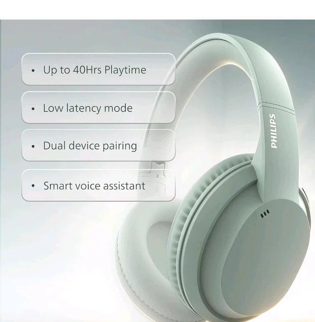 PHILIPS TAH4050 Wireless Bluetooth Headphones with Mic, 40mm Dynamic Drivers, Bluetooth 6.0, Up to 30H Playtime, Dual Device Pairing, USB-C Fast Charging, AUX Support, Over-Ear Headset, Green