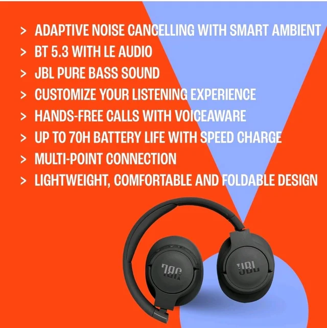 JBL Tune 770NC Wireless Over Ear Headphones with Adaptive Noise Cancellation, Upto 70H Battery, Smart Ambient, Speed Charge, Customized EQ, Google Fast Pair, Multipoint Connect, BT 5.3 - White