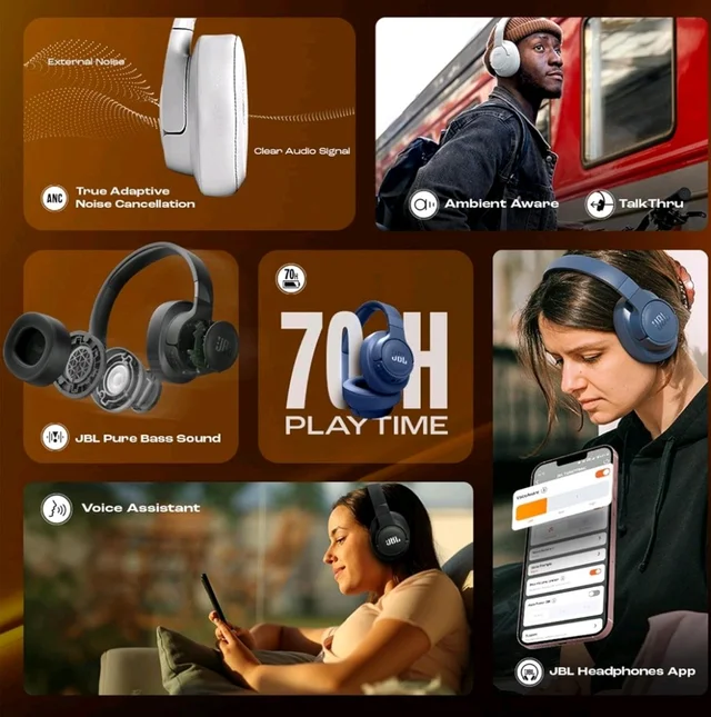 JBL Tune 770NC Wireless Over Ear Headphones with Adaptive Noise Cancellation, Upto 70H Battery, Smart Ambient, Speed Charge, Customized EQ, Google Fast Pair, Multipoint Connect, BT 5.3 - Blue