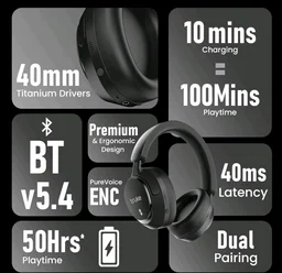 truke New Launch Aura Bass V2 Over The Ear Headphone with 50H of Playtime, 40mm Titanium Drivers, Dual Pairing Headset, 40ms Ultra Low Latency, ENC, Premium Design & Comfort - Carbon Black