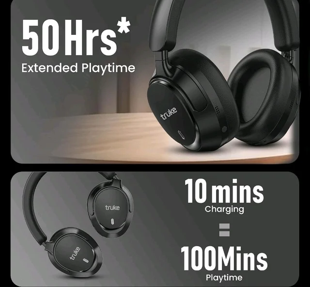 truke New Launch Aura Bass V2 Over The Ear Headphone with 50H of Playtime, 40mm Titanium Drivers, Dual Pairing Headset, 40ms Ultra Low Latency, ENC, Premium Design & Comfort - Carbon Black