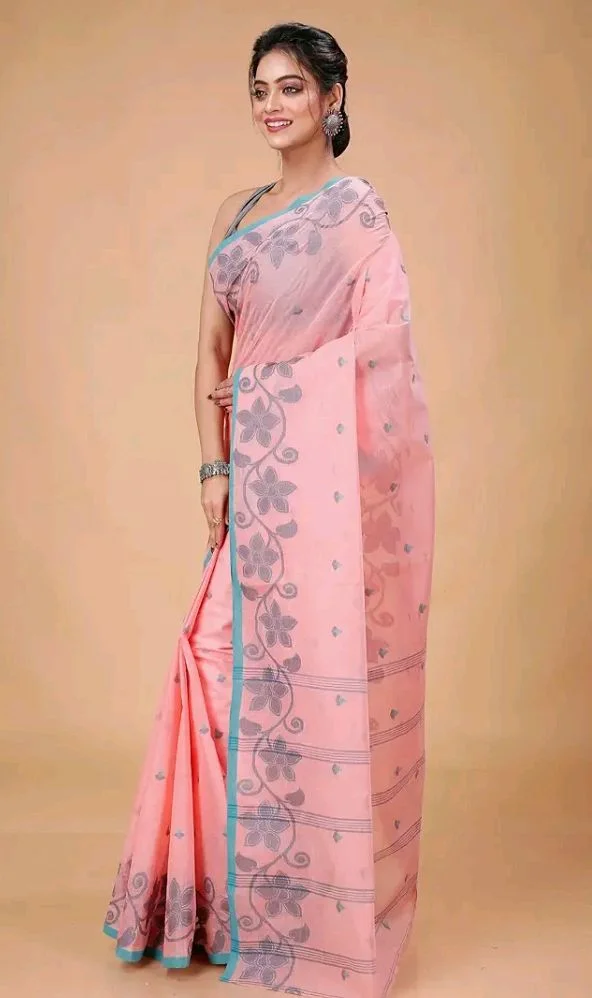 Women's Traditional Bengal Tant Handloom Pure Cotton Tangail Saree without Blouse Piece