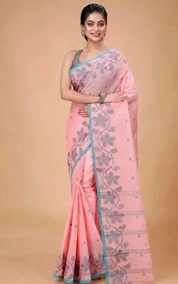 Women's Traditional Bengal Tant Handloom Pure Cotton Tangail Saree without Blouse Piece