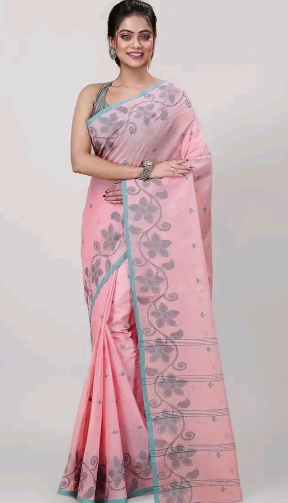 Women's Traditional Bengal Tant Handloom Pure Cotton Tangail Saree without Blouse Piece