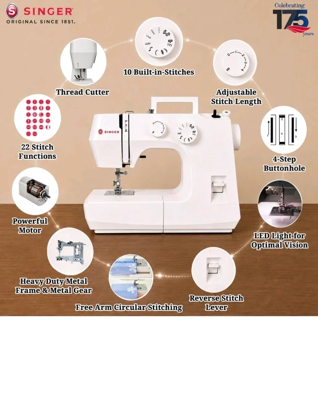 SINGER 1410 Automatic Zig Zag Sewing Machine Electric | Tailoring Machine for Stitching | 10 Built-In Stitches & 22 Stitch Functions | Free Arm | Metal Frame | 60W Motor | Free Demo | 2 Year Warranty